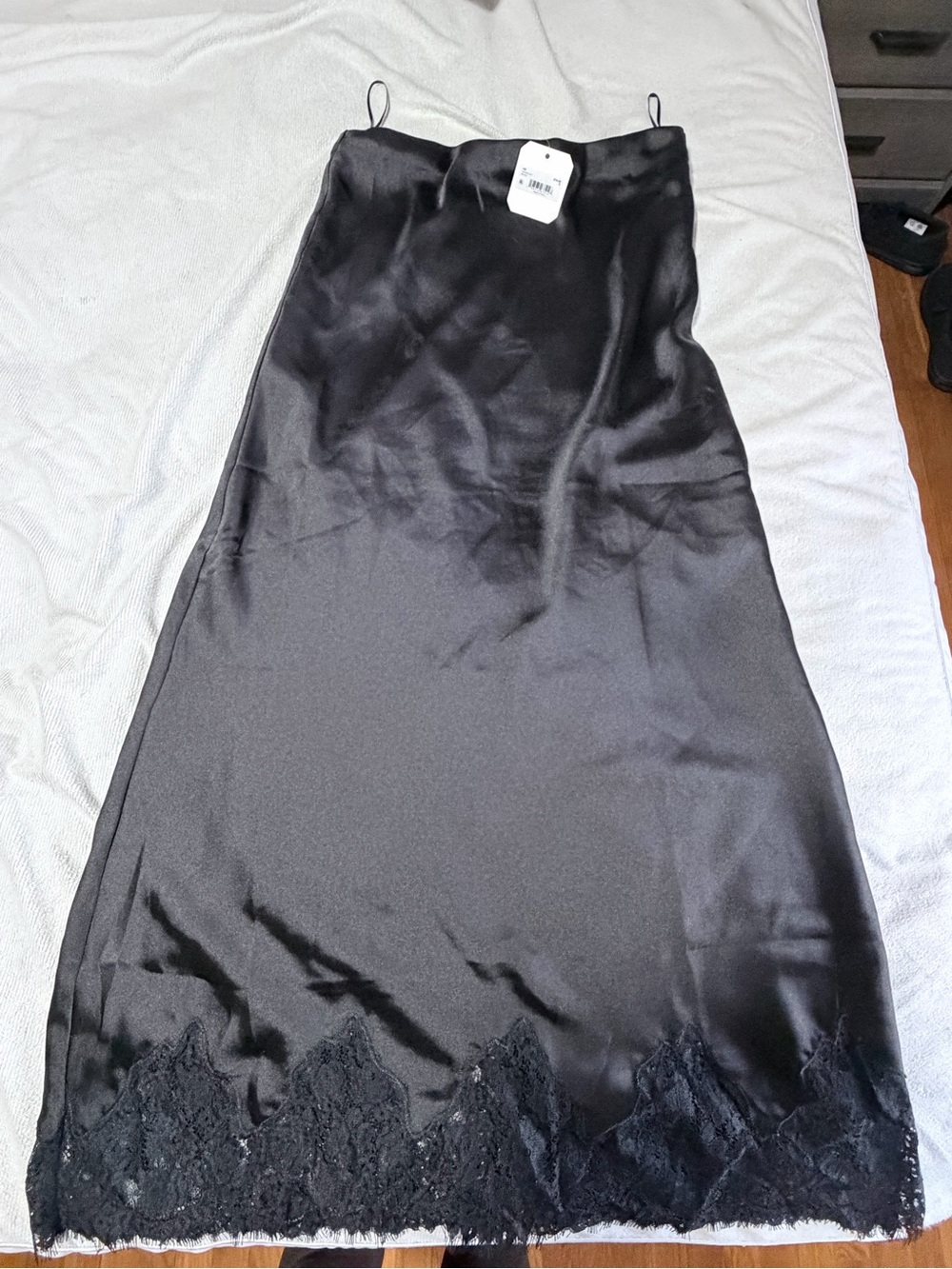 Black Satin Slip Dress with Lace Hem